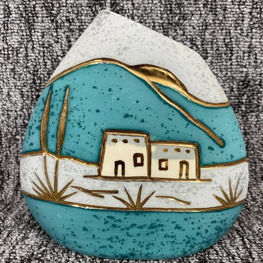 VTG Rainbow Way Ltd 24K Gold Southwestern Pueblo Adobe Pottery Vase Turquoise